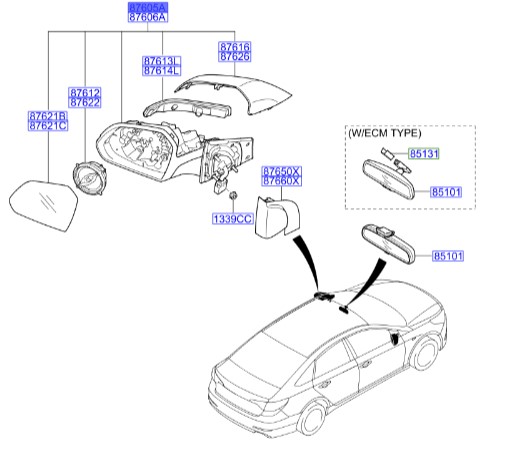 آینه چپ هیوندای سوناتا  Hyundai/KIA Genuine Parts – MOBIS    87610C1240