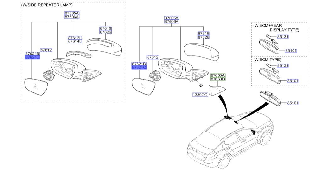 شیشه آینه بغل چپ(بدون جعبه) | Hyundai/KIA Genuine Parts – MOBIS | اپتیما JF مدل 2016 – 2017 جی تی لاین – اپتیما TF مدل 2011 تا 2015