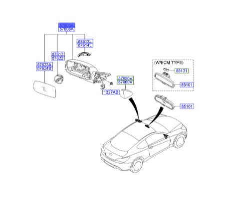 آینه چپ هیوندای جنسیس_کوپه  Hyundai/KIA Genuine Parts – MOBIS    876102M210