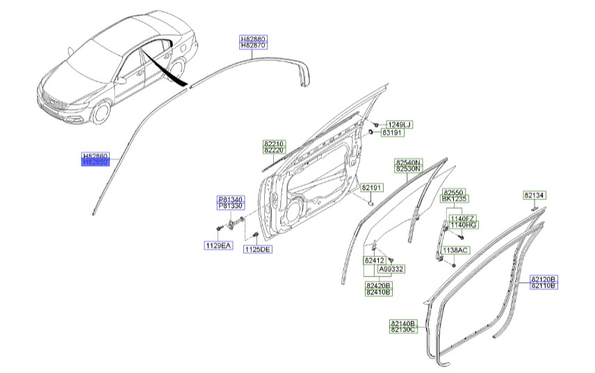 زه بالای شیشه درب جلو اپتیما 2009 | Hyundai/KIA Genuine Parts – MOBIS | اپتیما MG مدل 2009 و 2010ض