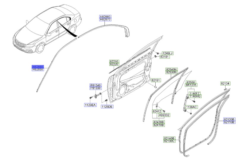 زه بالای شیشه درب جلو راست | Hyundai/KIA Genuine Parts – MOBIS | اپتیما MG مدل 2009 و 2010