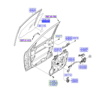 شیشه درب جلو راست سانتافه  Hyundai/KIA Genuine Parts – MOBIS  824212B001 